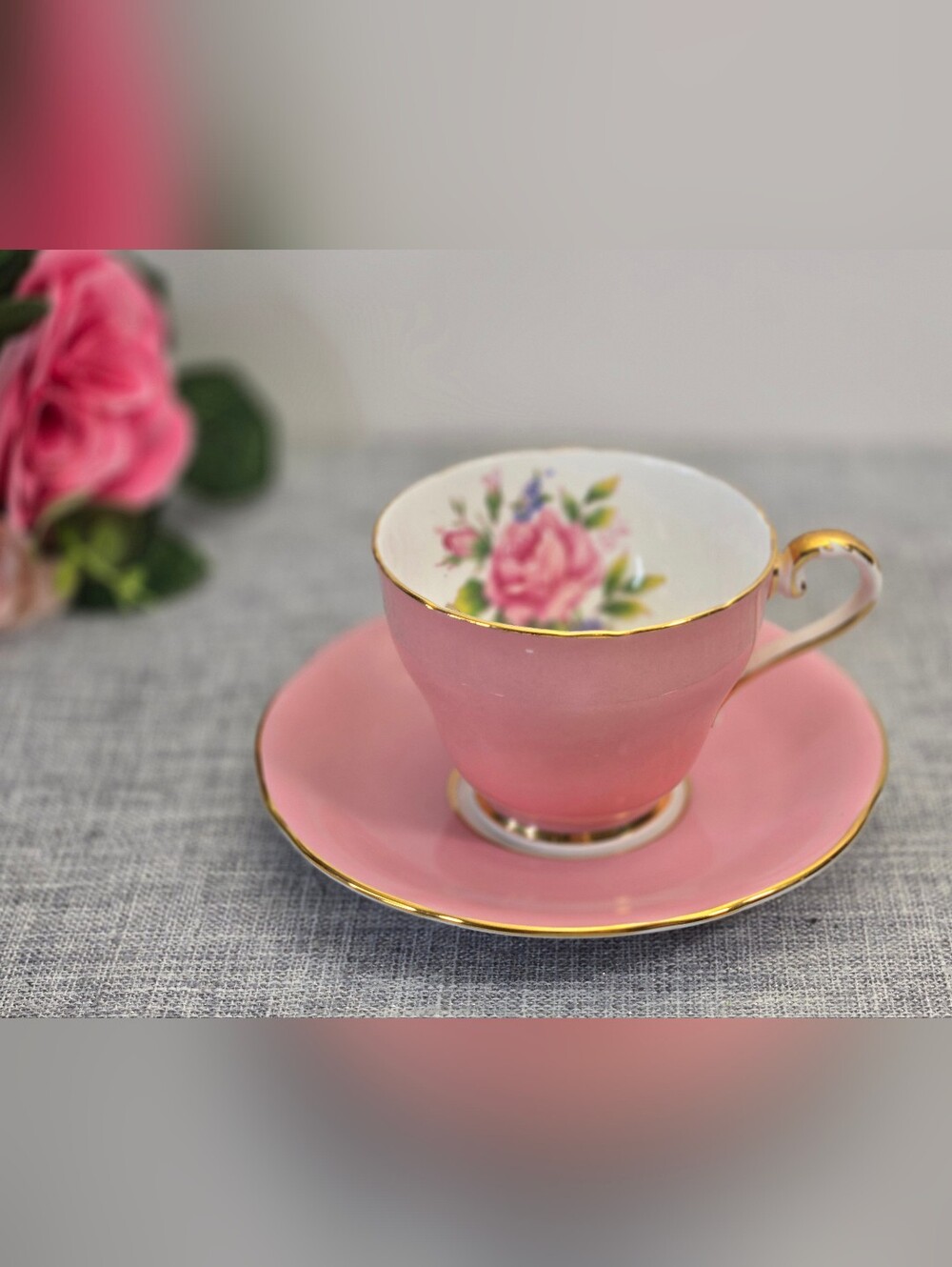 Vintage Aynsley Pink Teacup‎ & Saucer Pink Cabbage Rose Bone China England